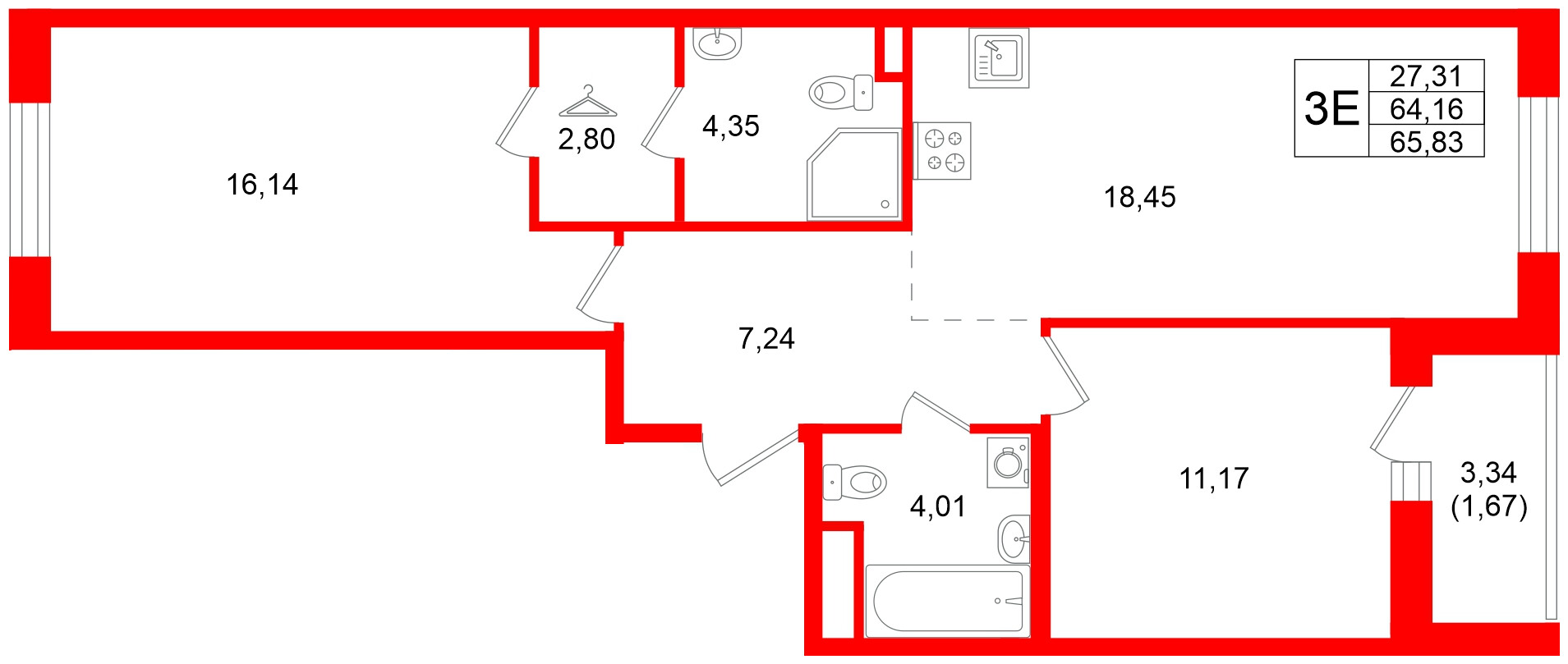 Квартира в ЖК Энфилд, 2 комнатная, 65.83 м², 2 этаж