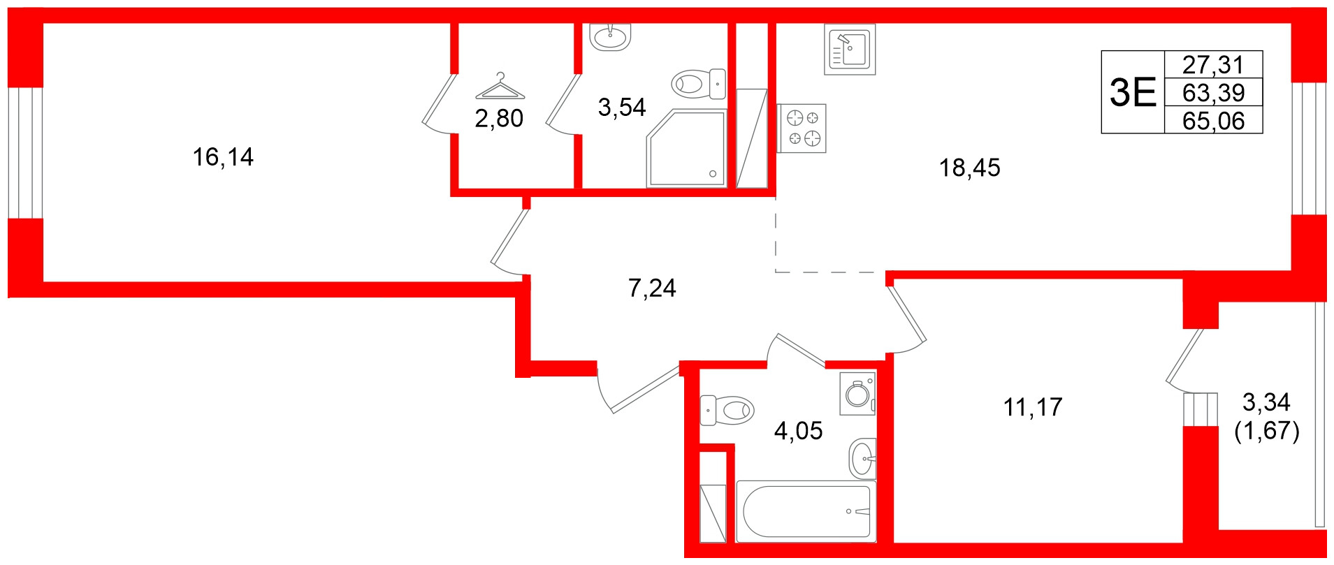 Квартира в ЖК Энфилд, 2 комнатная, 65.06 м², 7 этаж