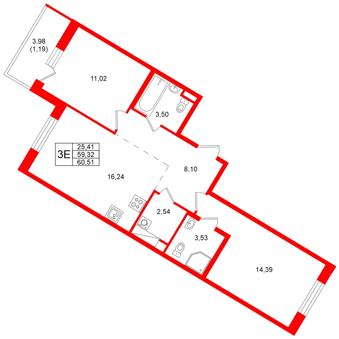 Квартира в ЖК Энфилд, 2 комнатная, 60.51 м², 9 этаж