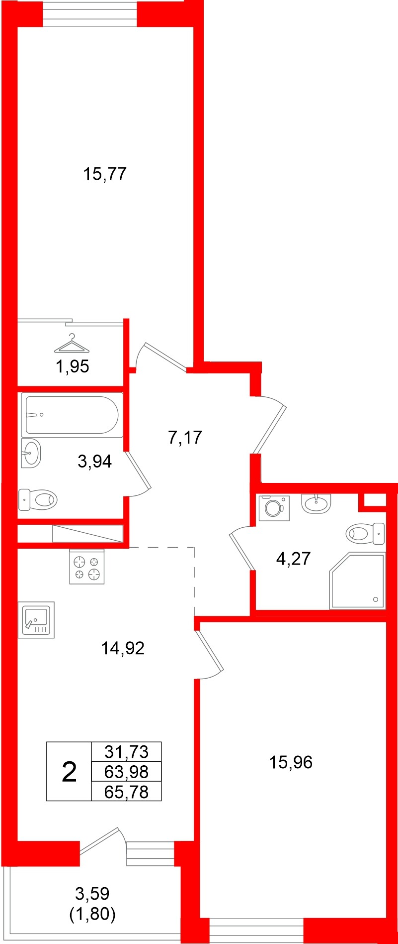 Квартира в ЖК Энфилд, 2 комнатная, 65.78 м², 12 этаж