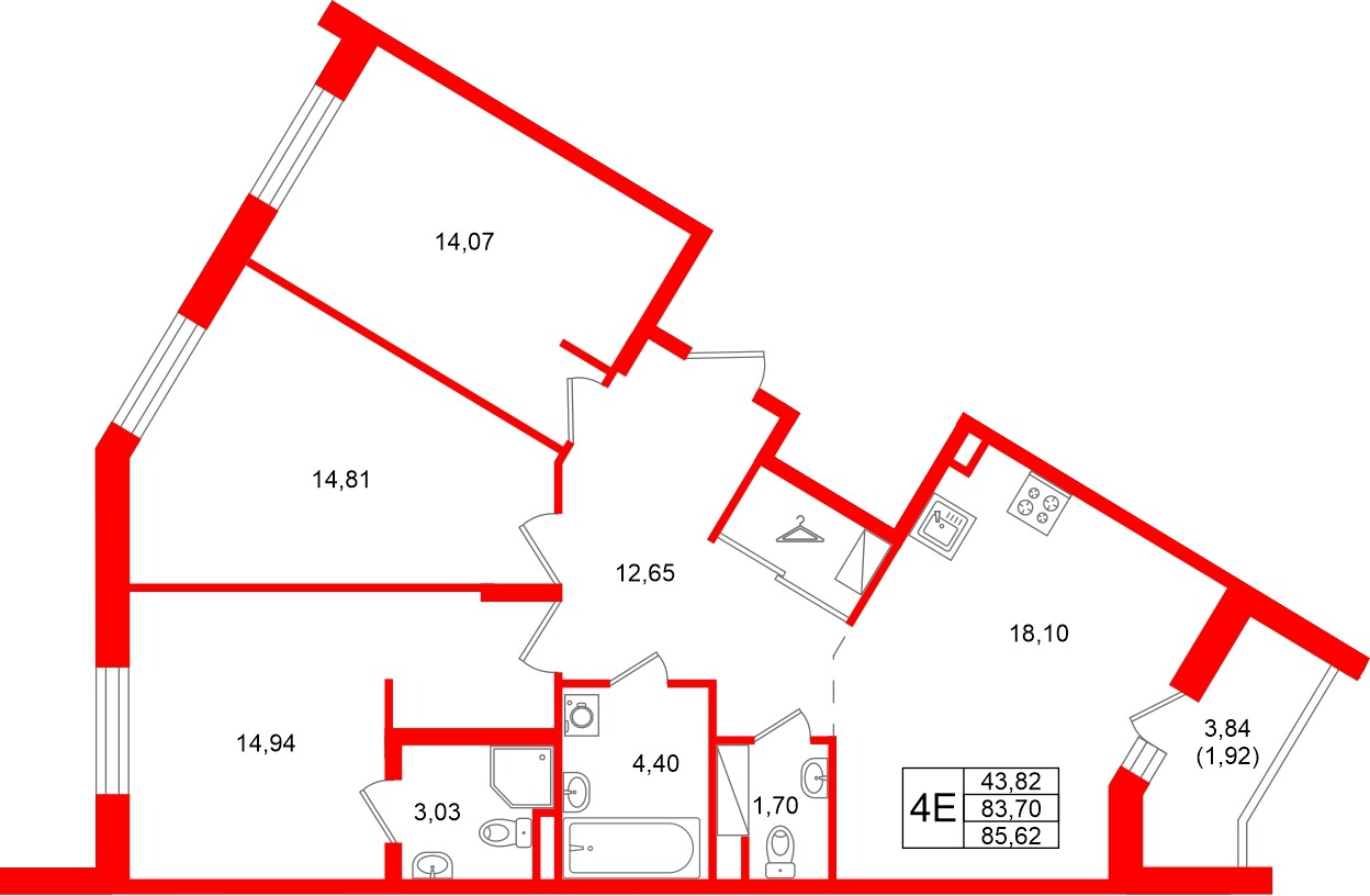 Квартира в ЖК Энфилд, 3 комнатная, 85.62 м², 9 этаж