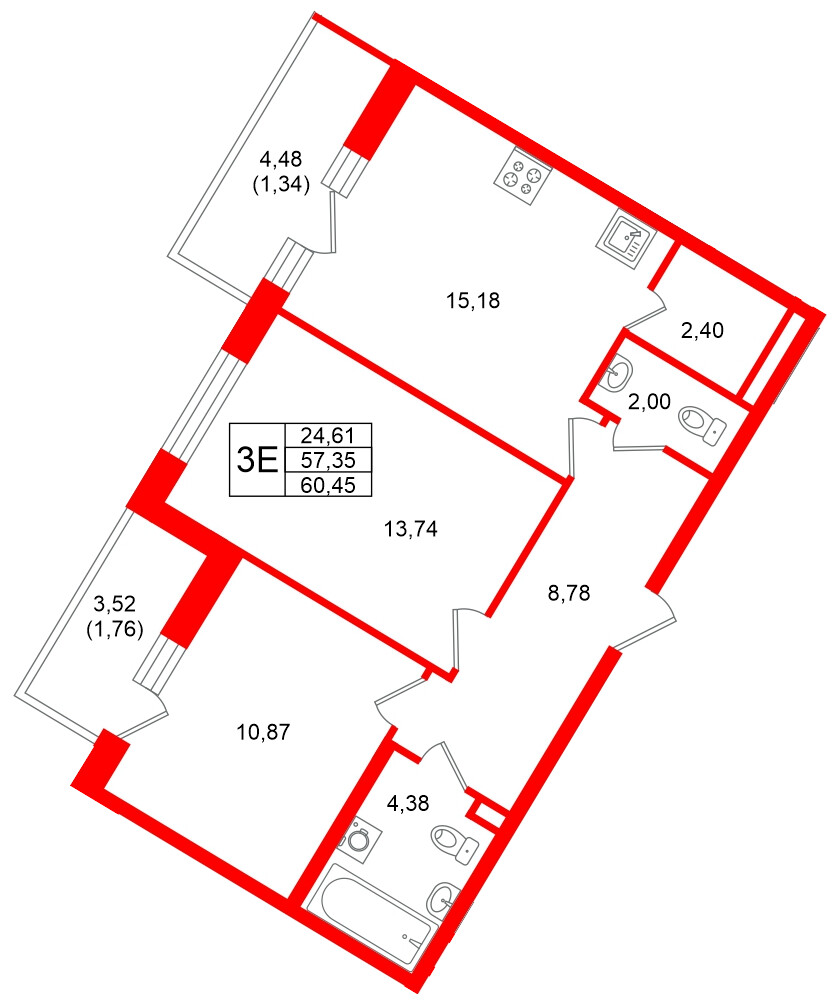 Квартира в ЖК Энфилд, 2 комнатная, 60.45 м², 6 этаж
