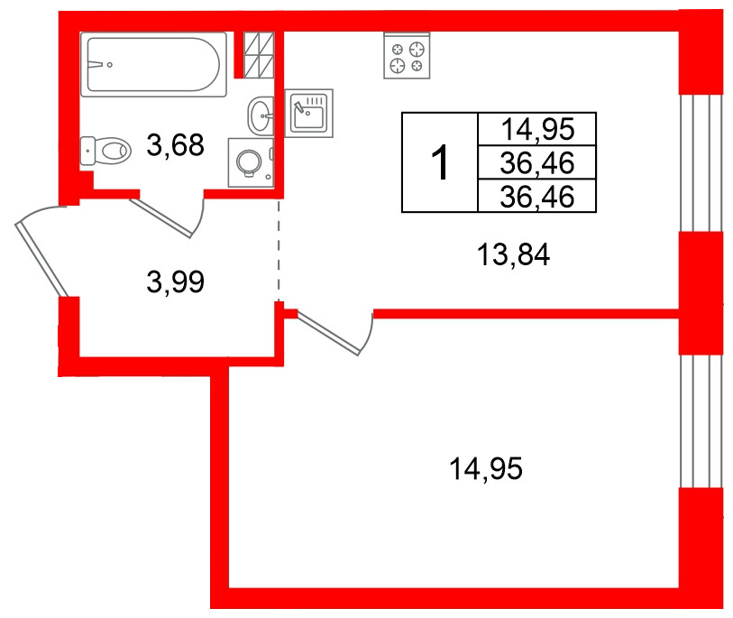 Квартира в ЖК Всевгород, 1 комнатная, 36.46 м², 3 этаж