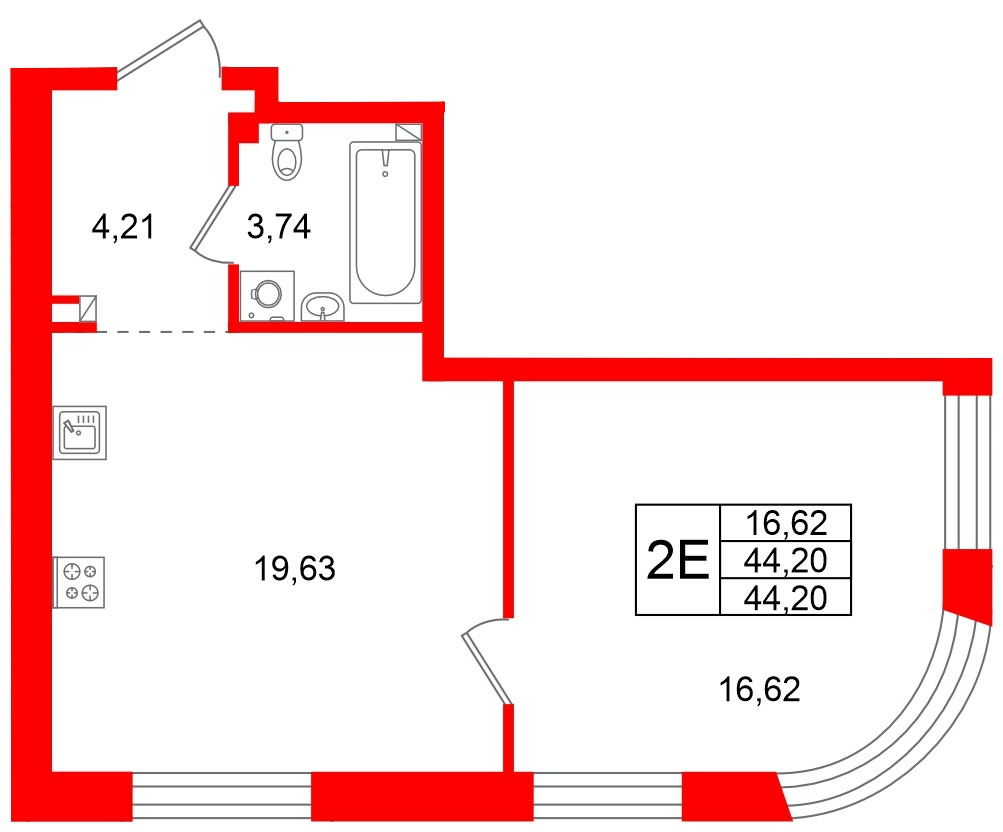 Квартира в ЖК Всевгород, 1 комнатная, 44.2 м², 2 этаж