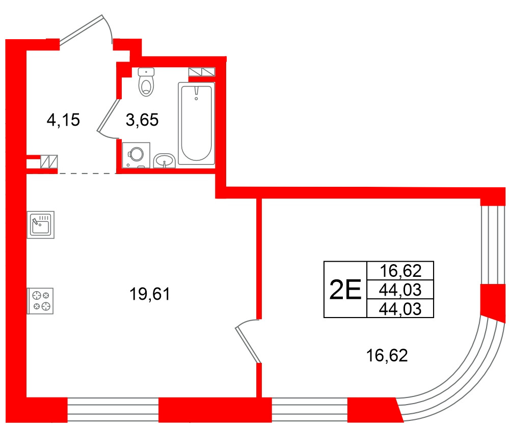 Квартира в ЖК Всевгород, 1 комнатная, 44.03 м², 3 этаж
