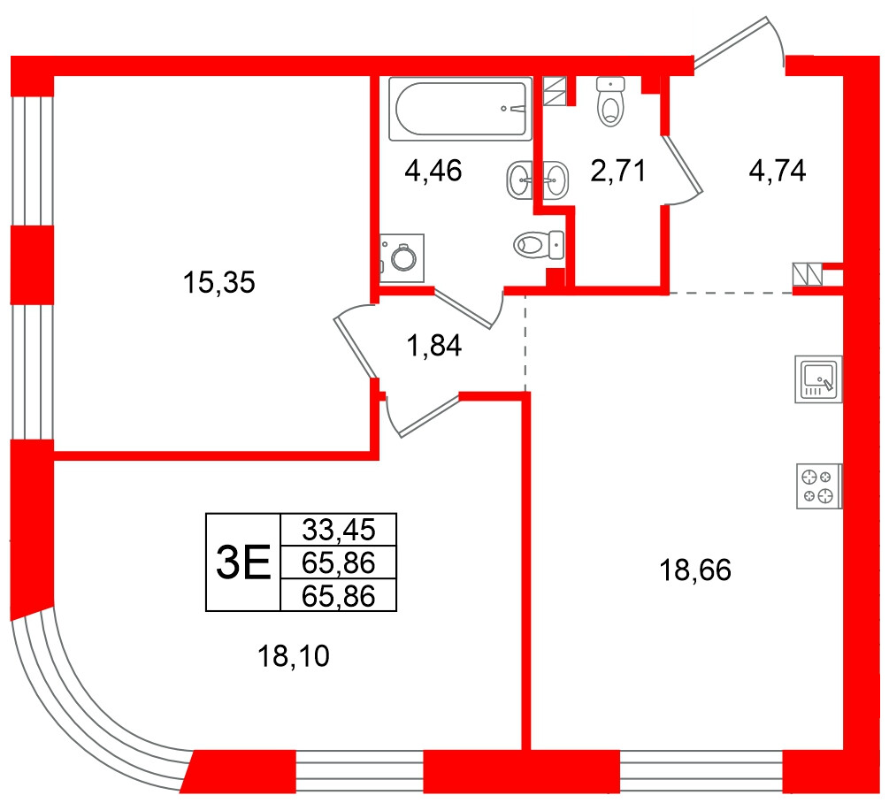 Квартира в ЖК Всевгород, 2 комнатная, 65.86 м², 3 этаж
