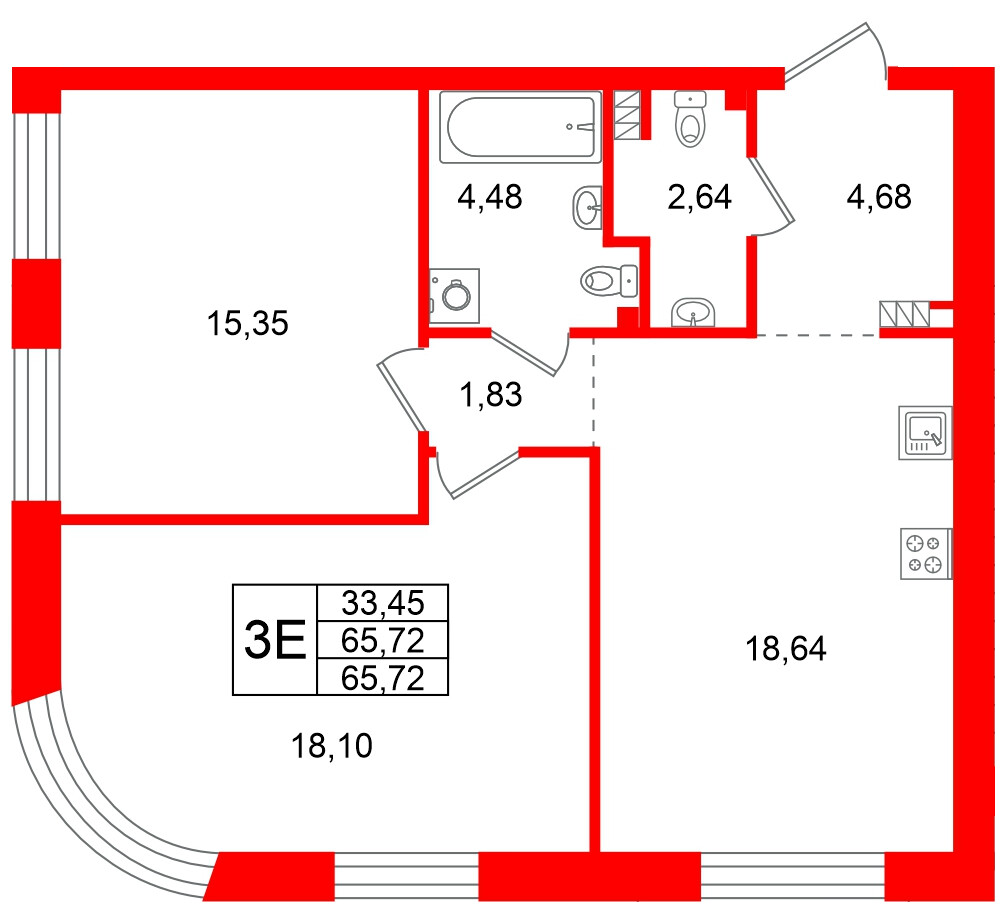 Квартира в ЖК Всевгород, 2 комнатная, 65.72 м², 4 этаж