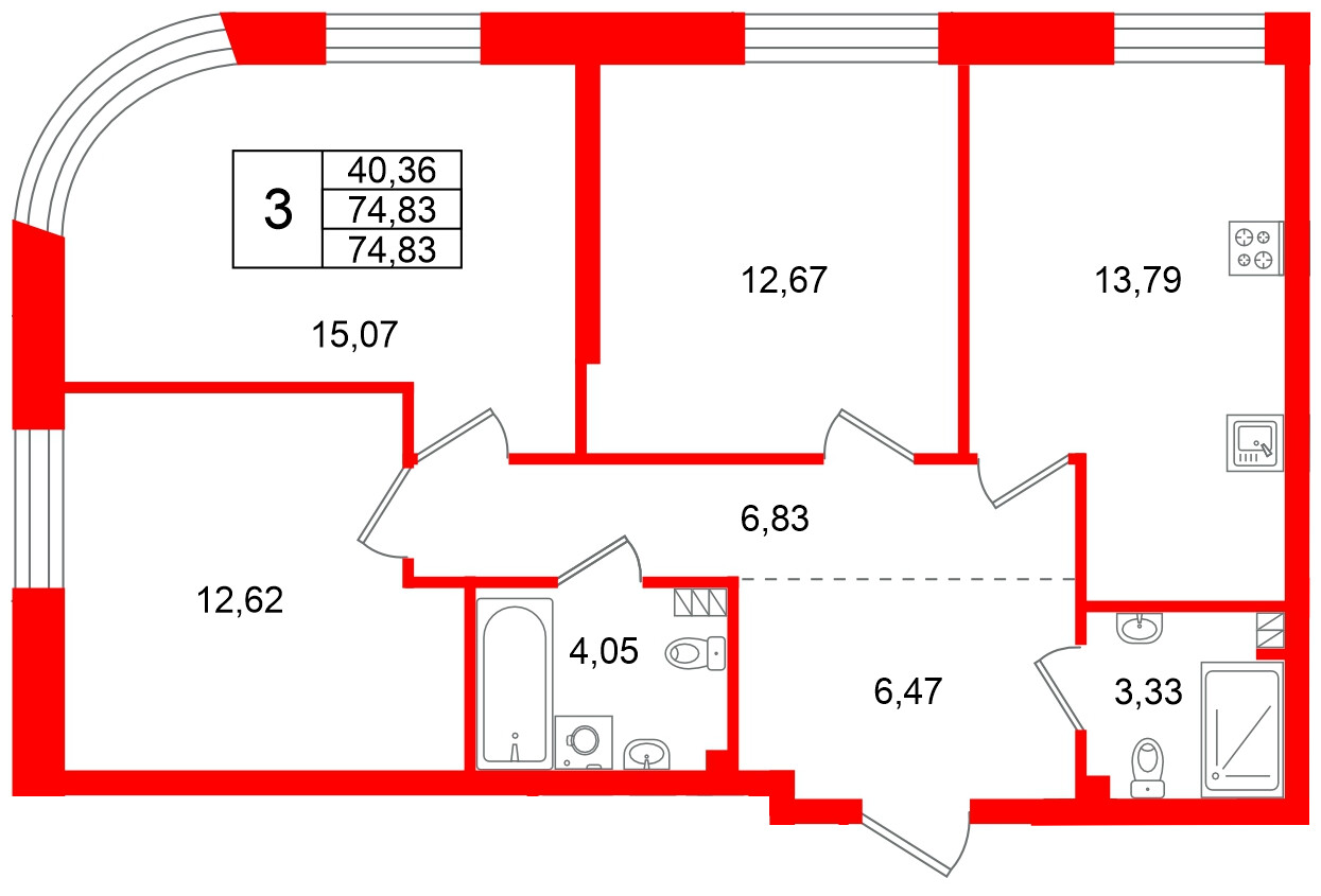 Квартира в ЖК Всевгород, 3 комнатная, 74.83 м², 3 этаж