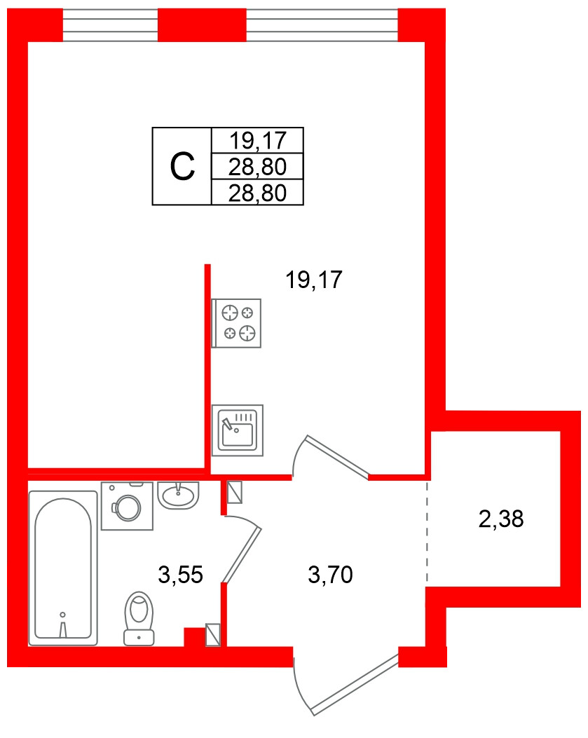 Квартира в ЖК Всевгород, студия, 28.8 м², 2 этаж