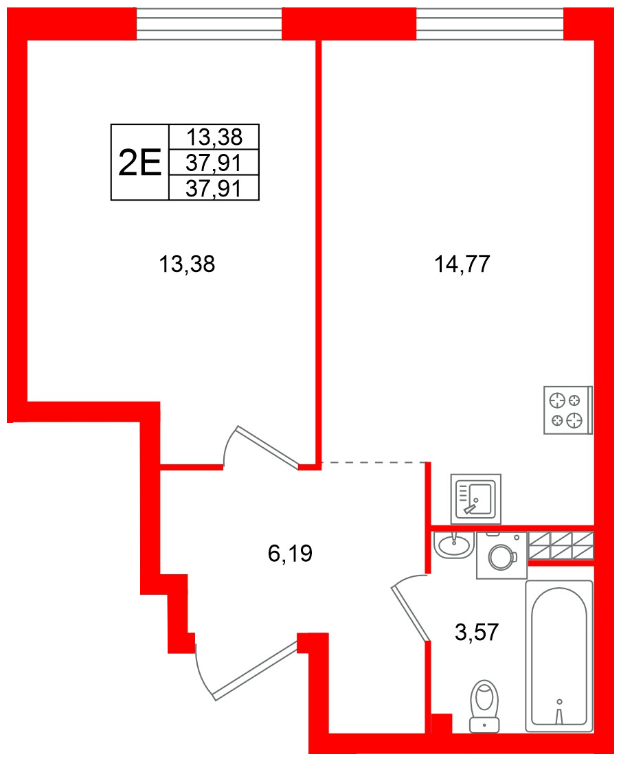 Квартира в ЖК Всевгород, 1 комнатная, 37.91 м², 4 этаж