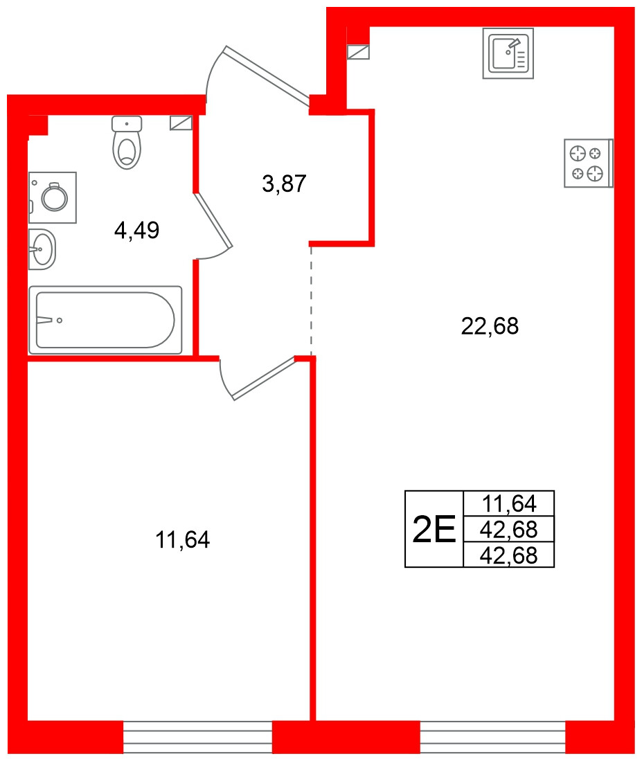 Квартира в ЖК Всевгород, 1 комнатная, 42.68 м², 2 этаж