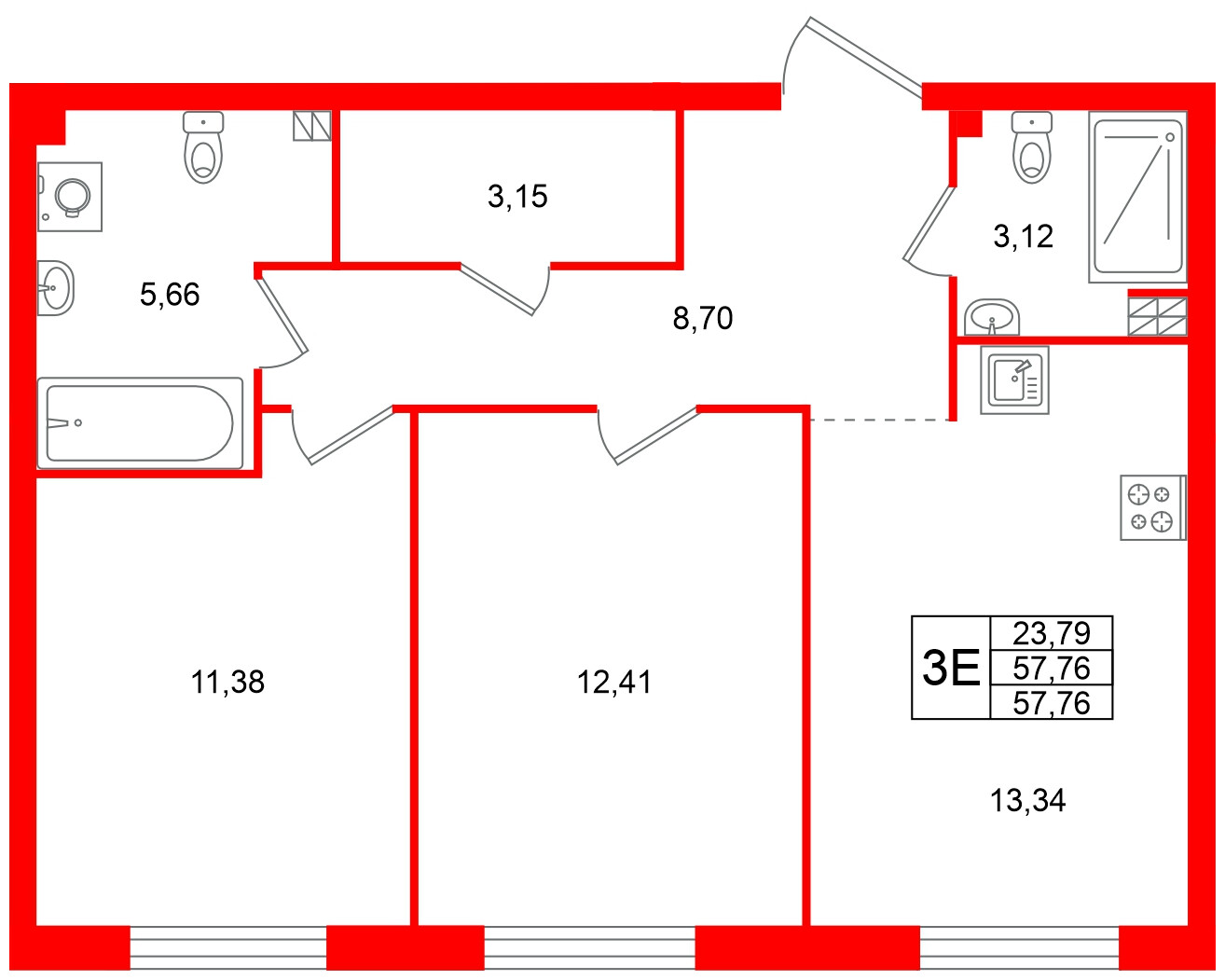 Квартира в ЖК Всевгород, 2 комнатная, 57.76 м², 3 этаж