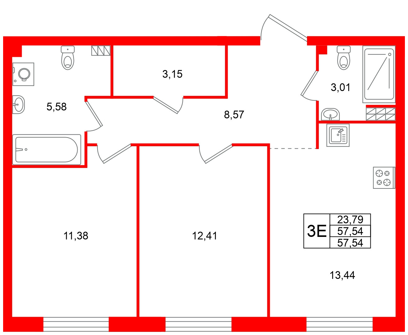 Квартира в ЖК Всевгород, 2 комнатная, 57.54 м², 4 этаж