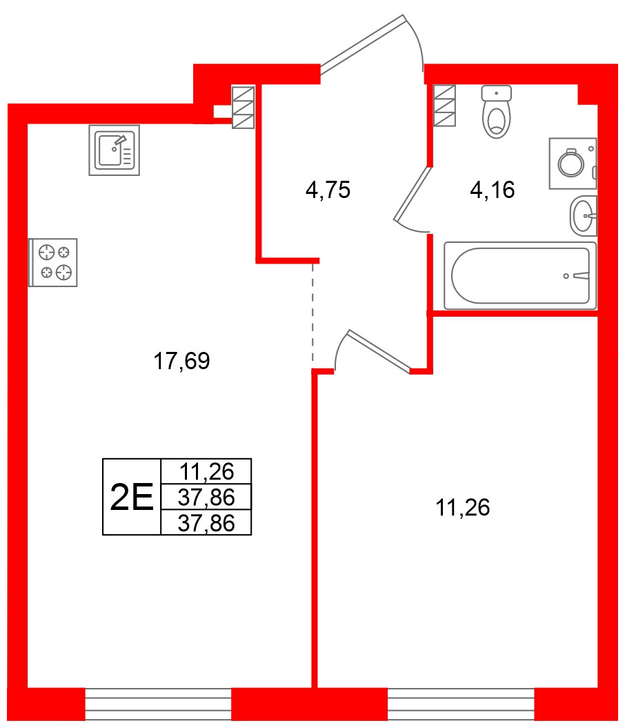 Квартира в ЖК Всевгород, 1 комнатная, 37.86 м², 4 этаж