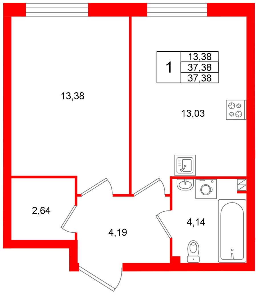 Квартира в ЖК Всевгород, 1 комнатная, 37.38 м², 2 этаж
