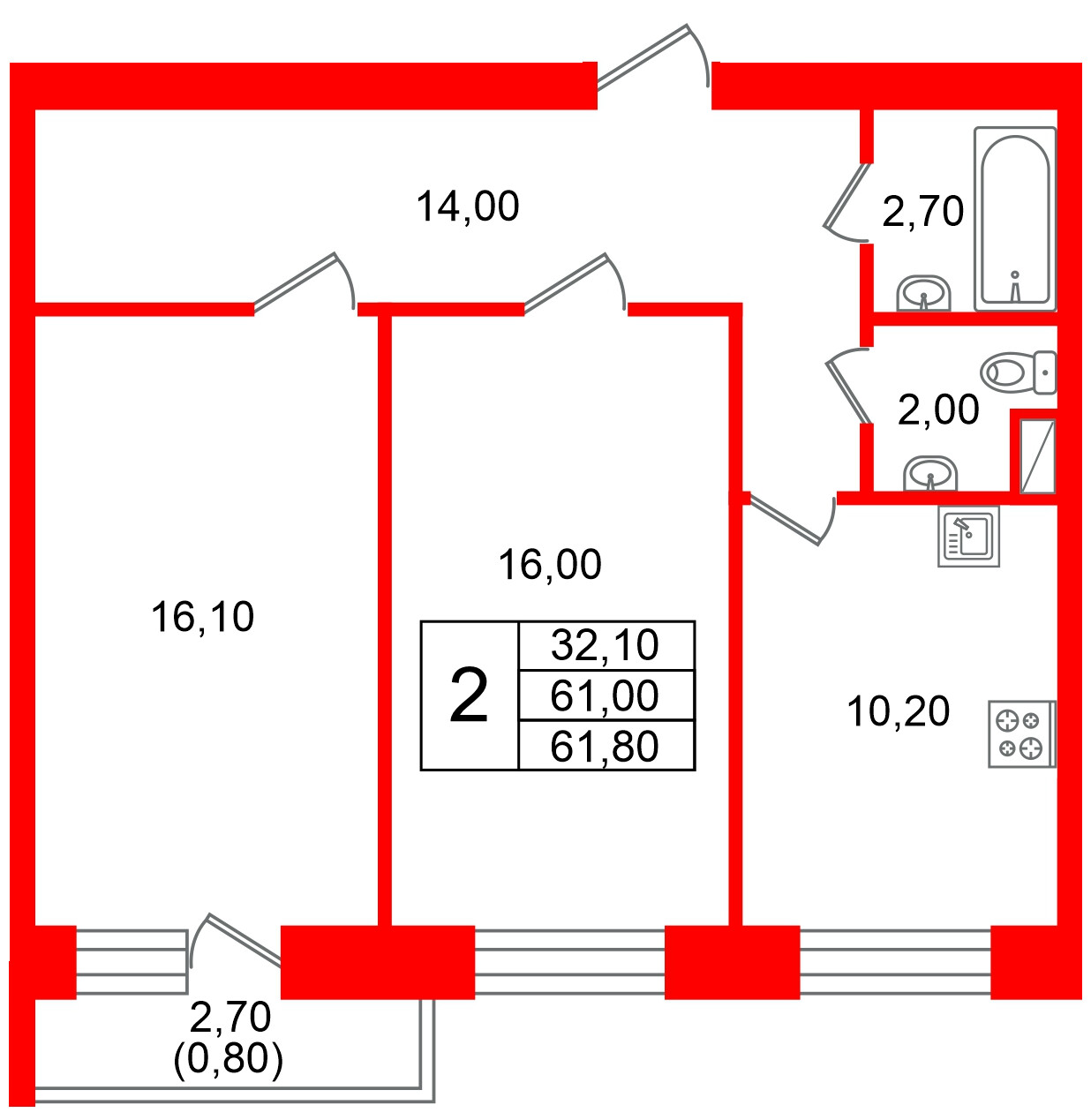 Квартира в ЖК Новый мир, 2 комнатная, 61.5 м², 6 этаж