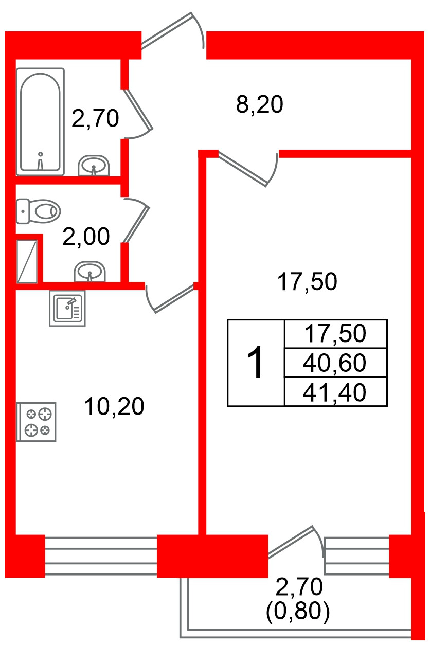 Квартира в ЖК Новый мир, 1 комнатная, 40.8 м², 2 этаж