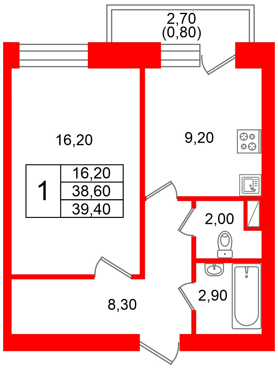 Квартира в ЖК Новый мир, 1 комнатная, 38.8 м², 9 этаж