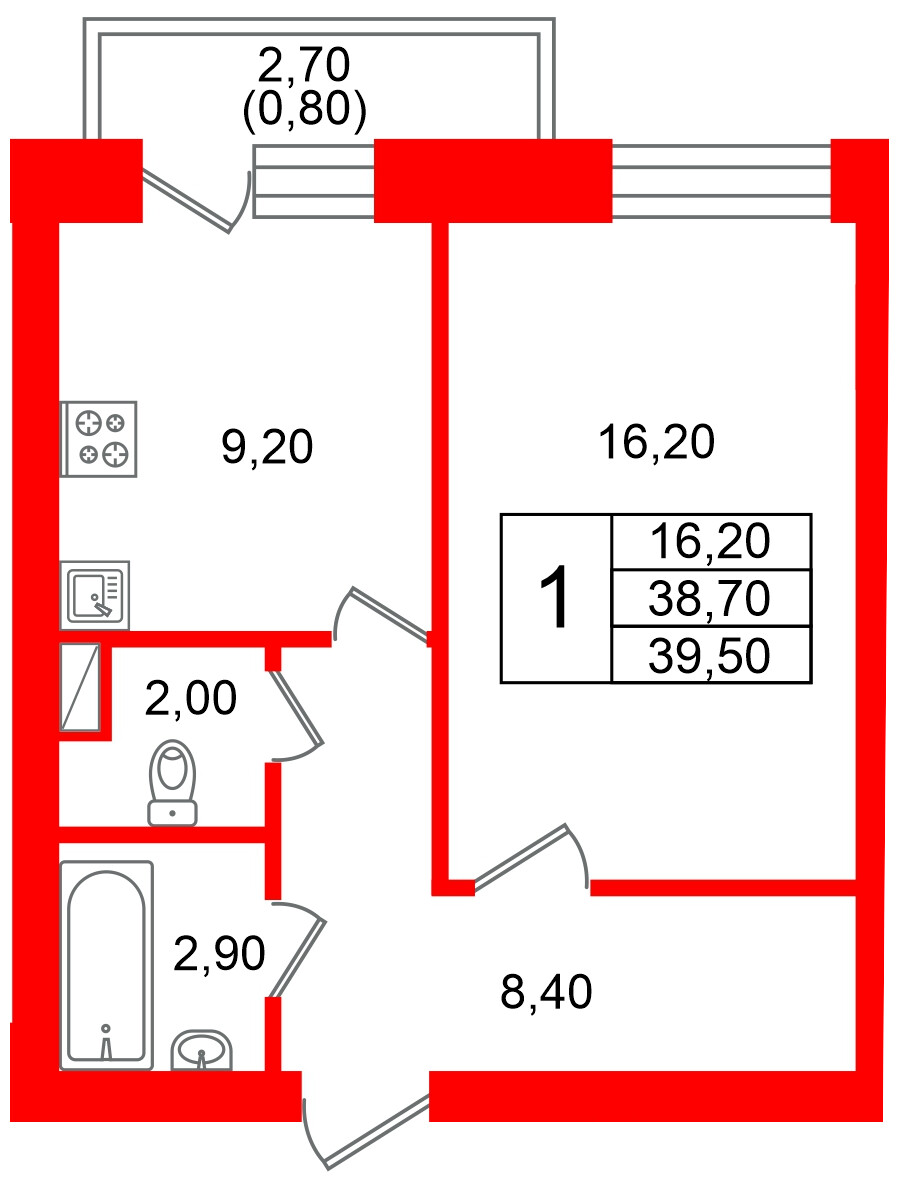 Квартира в ЖК Новый мир, 1 комнатная, 38.6 м², 2 этаж