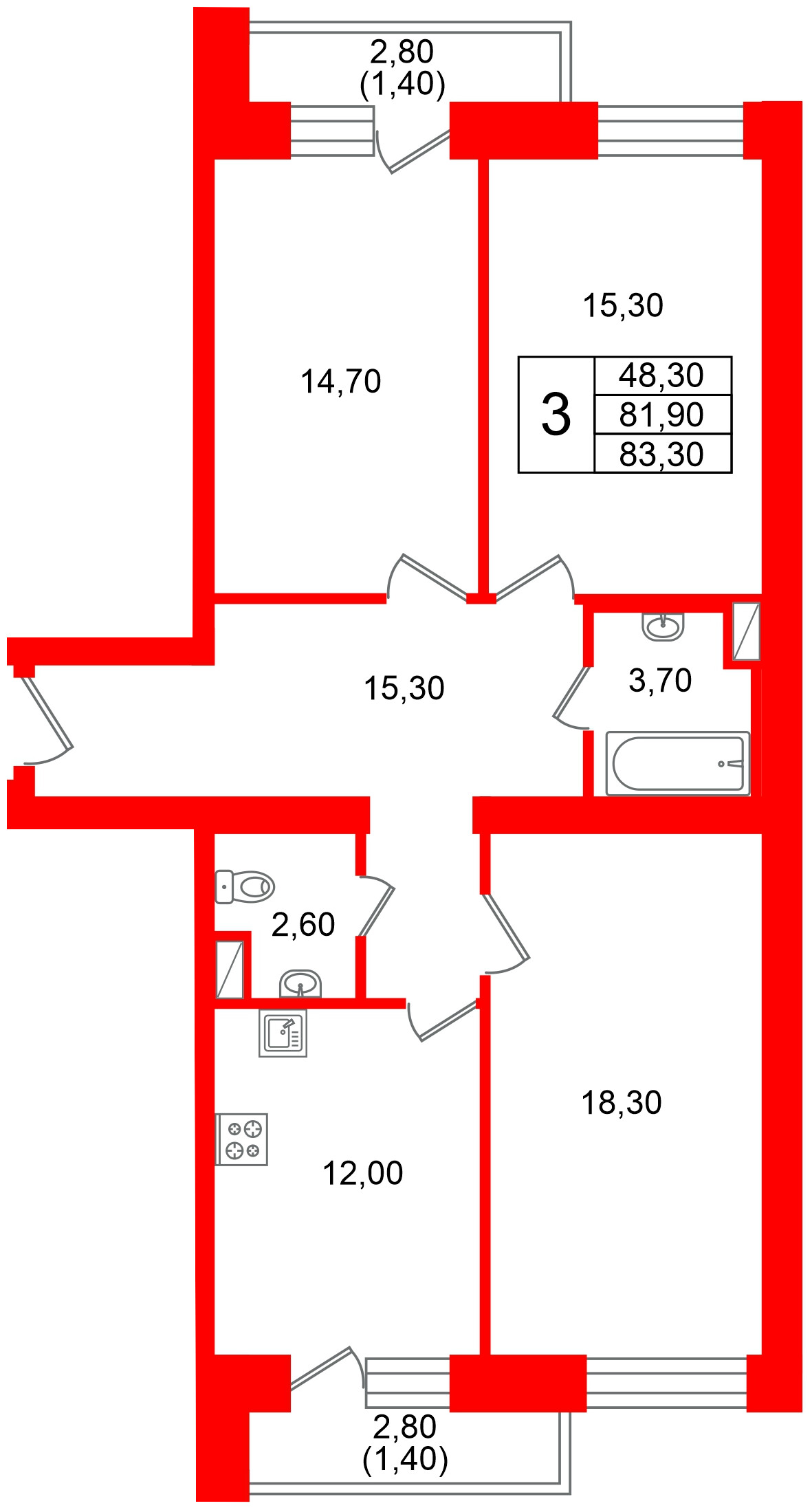 Квартира в ЖК Новый мир, 3 комнатная, 80.9 м², 8 этаж