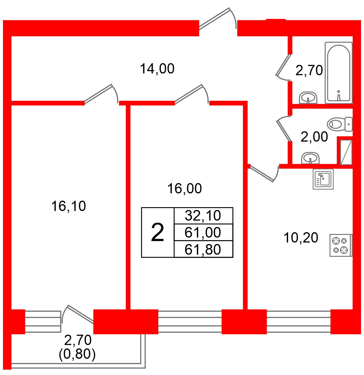 Квартира в ЖК Новый мир, 2 комнатная, 61.4 м², 4 этаж