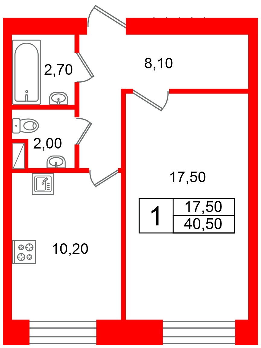 Квартира в ЖК Новый мир, 1 комнатная, 40.8 м², 1 этаж