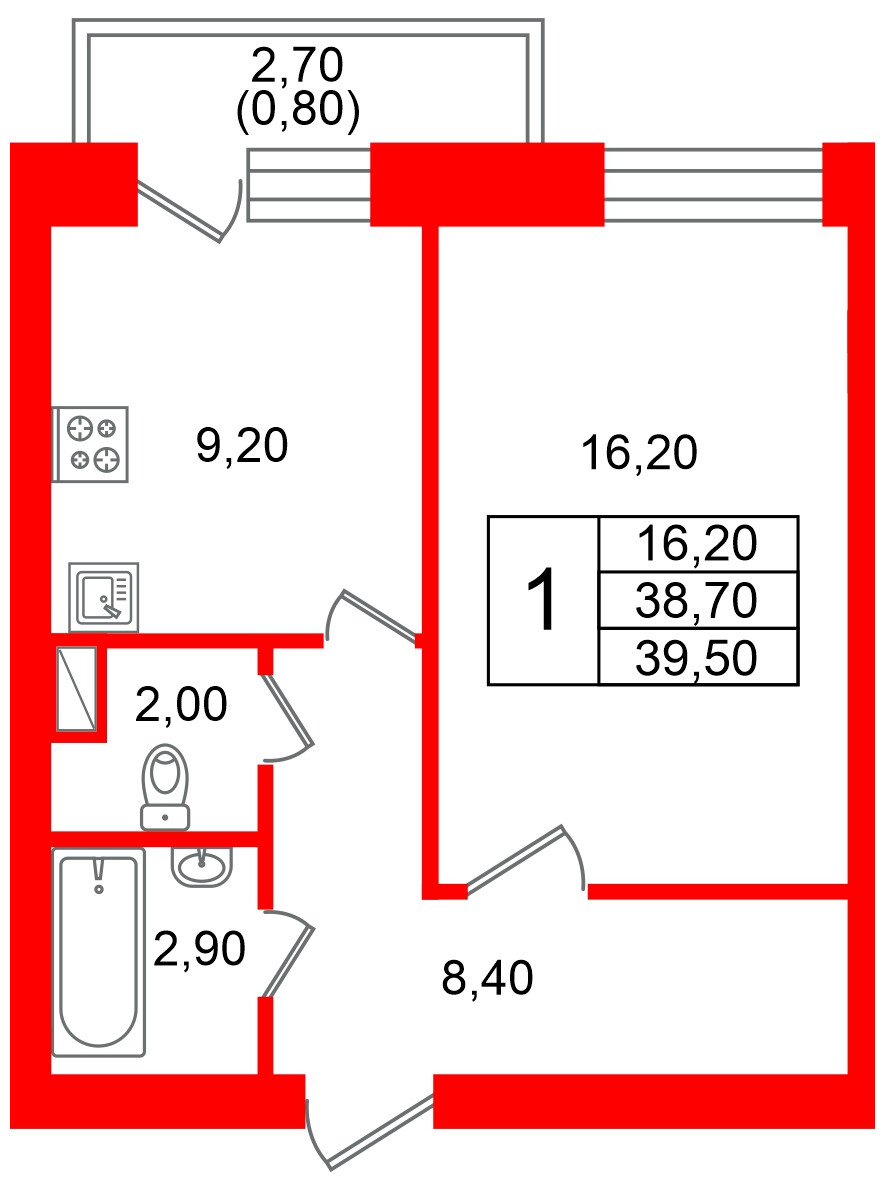 Квартира в ЖК Новый мир, 1 комнатная, 38.6 м², 7 этаж