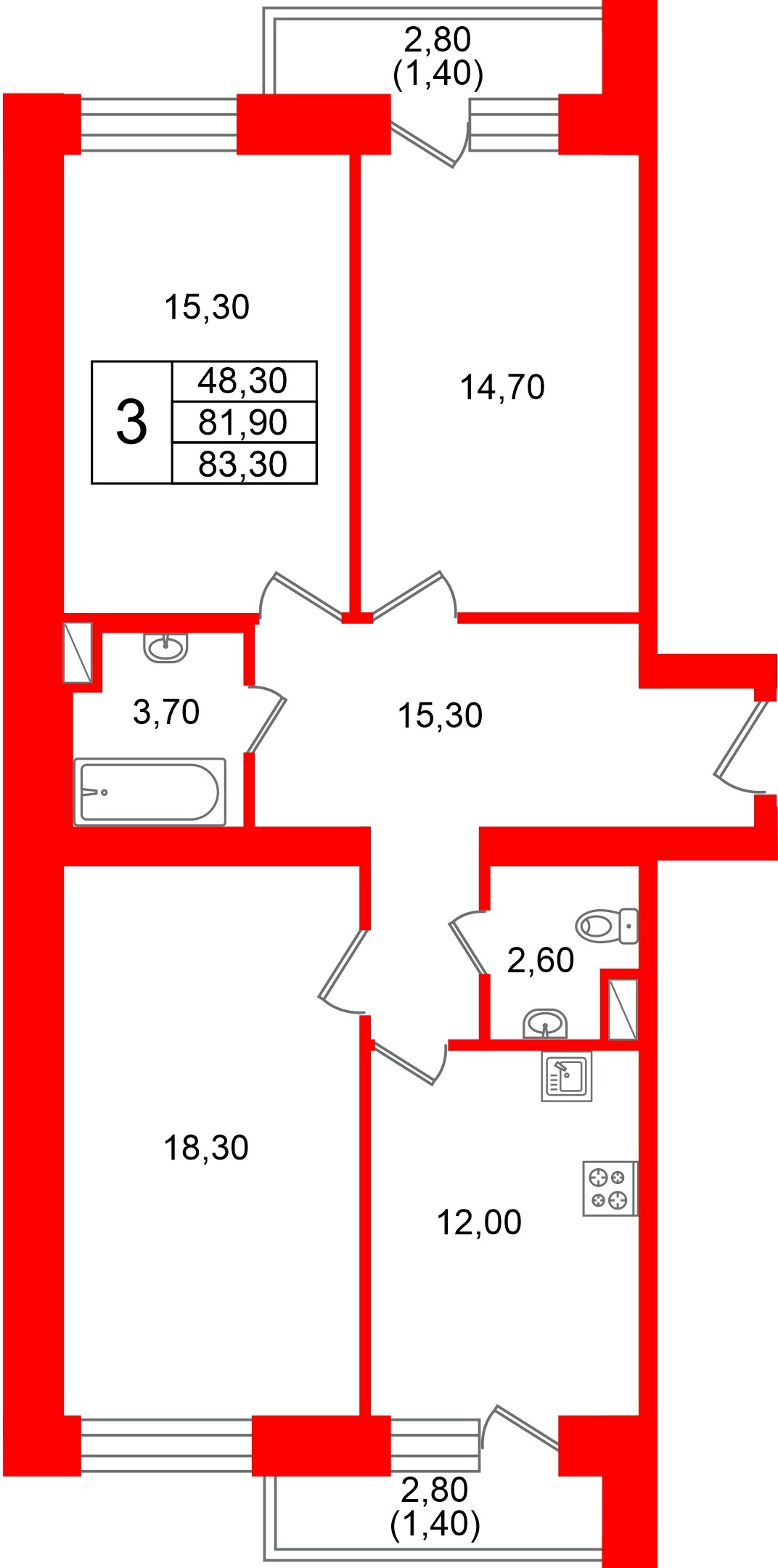Квартира в ЖК Новый мир, 3 комнатная, 79.6 м², 2 этаж