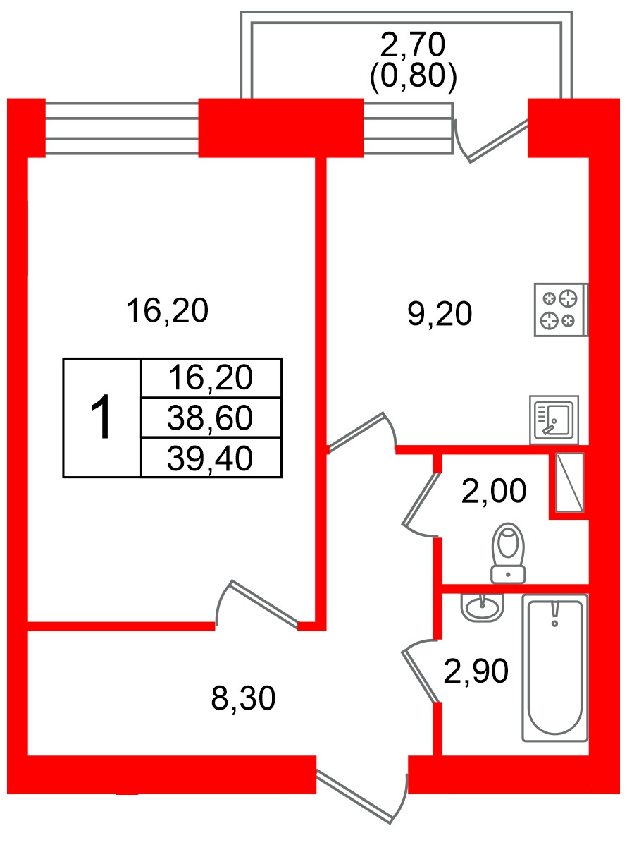 Квартира в ЖК Новый мир, 1 комнатная, 38.8 м², 6 этаж