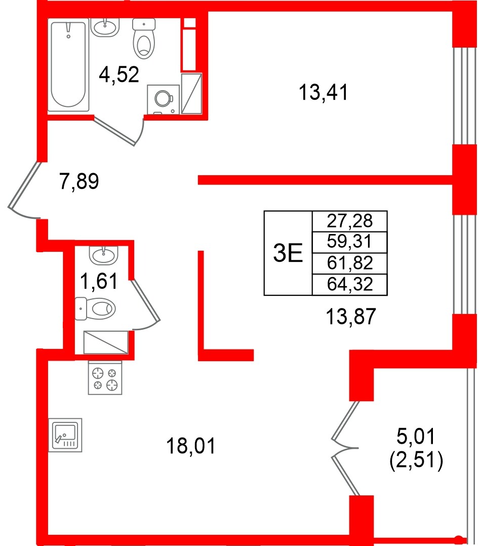 Квартира в ЖК Образцовый квартал, 2 комнатная, 61.82 м², 4 этаж
