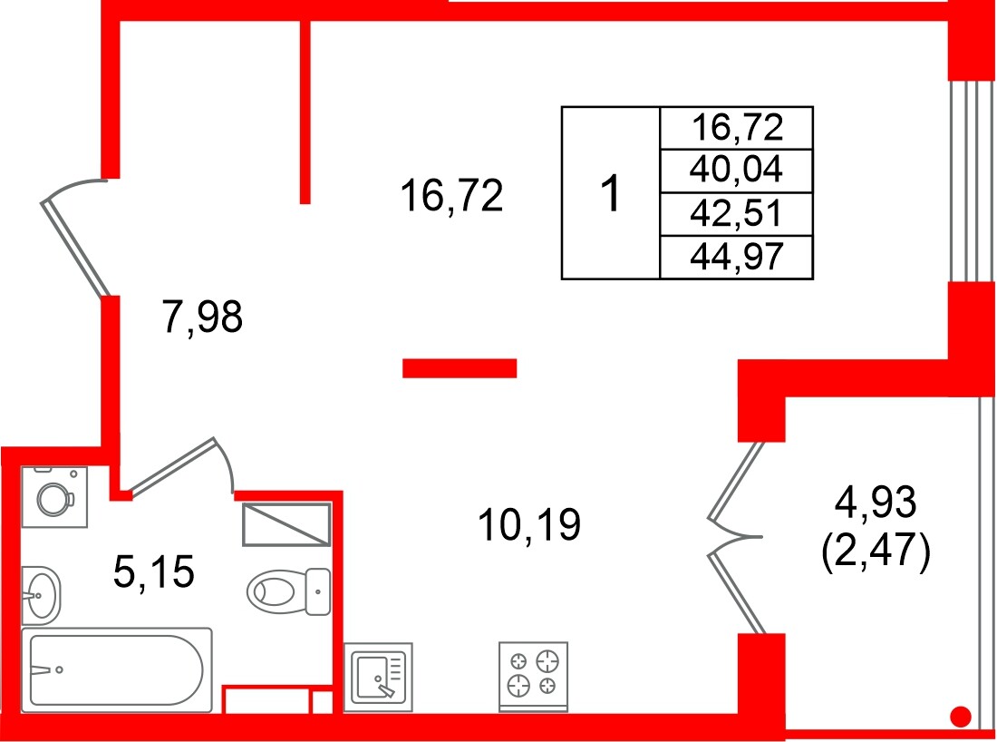 Квартира в ЖК Образцовый квартал, 1 комнатная, 42.51 м², 4 этаж