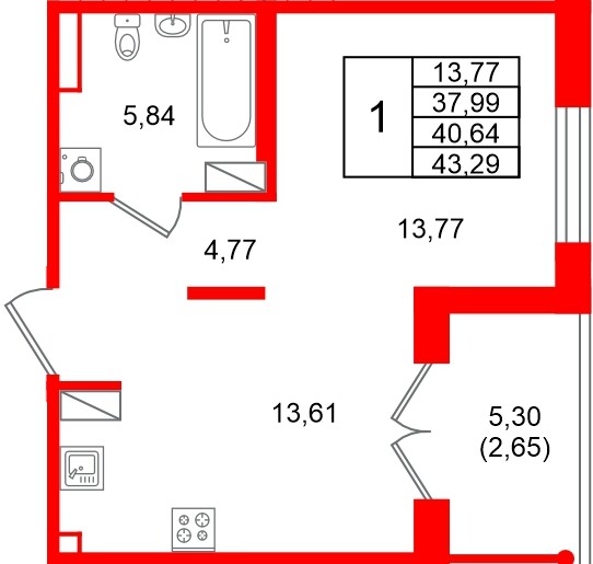 Квартира в ЖК Образцовый квартал, 1 комнатная, 40.64 м², 2 этаж