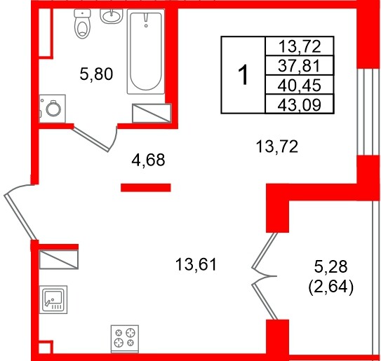 Квартира в ЖК Образцовый квартал, 1 комнатная, 40.45 м², 4 этаж