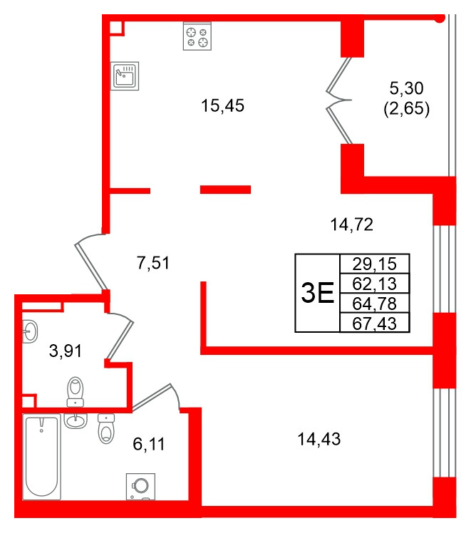 Квартира в ЖК Образцовый квартал, 2 комнатная, 64.78 м², 1 этаж