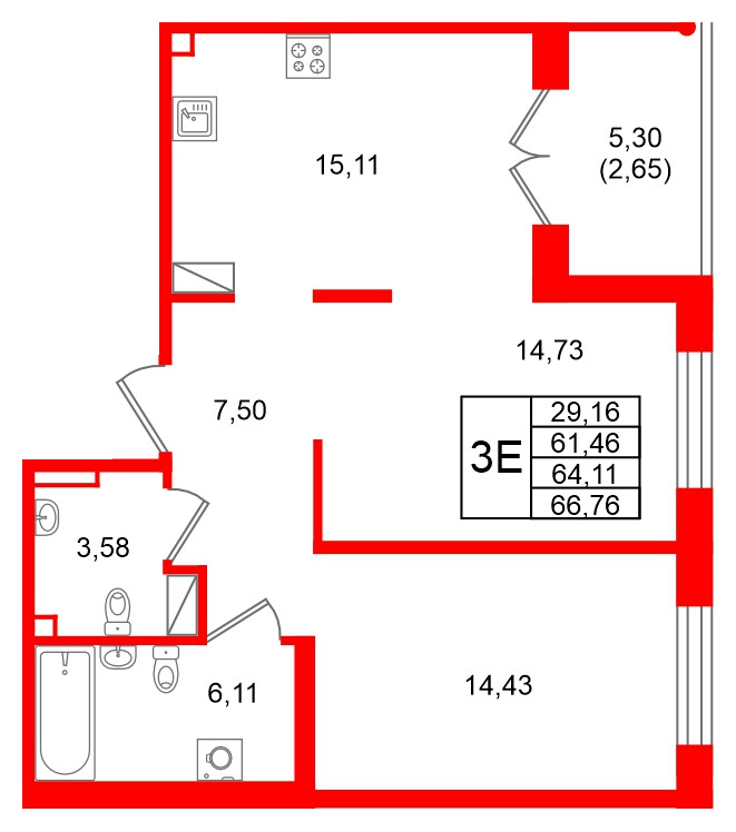 Квартира в ЖК Образцовый квартал, 2 комнатная, 64.11 м², 3 этаж