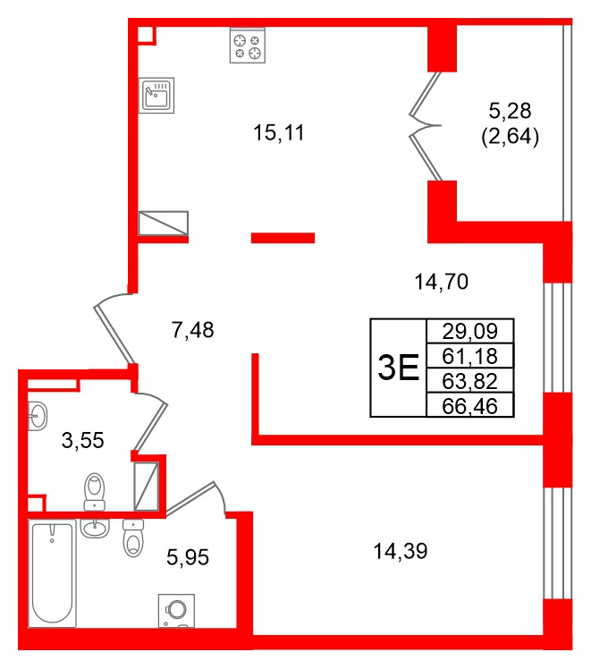 Квартира в ЖК Образцовый квартал, 2 комнатная, 63.82 м², 4 этаж