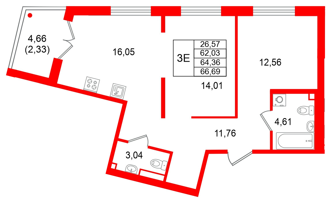 Квартира в ЖК Образцовый квартал, 2 комнатная, 64.36 м², 1 этаж