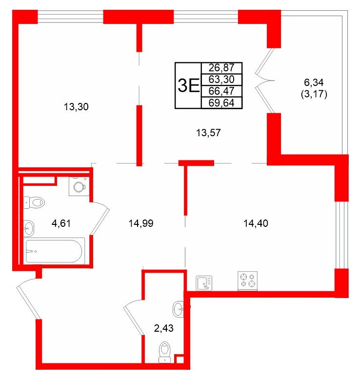 Квартира в ЖК Образцовый квартал, 2 комнатная, 66.47 м², 1 этаж