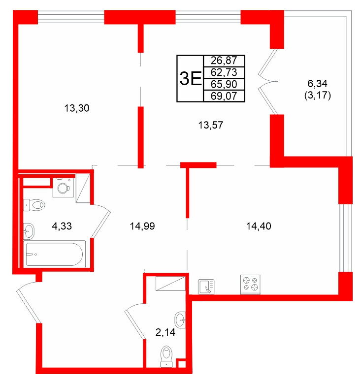 Квартира в ЖК Образцовый квартал, 2 комнатная, 65.9 м², 2 этаж