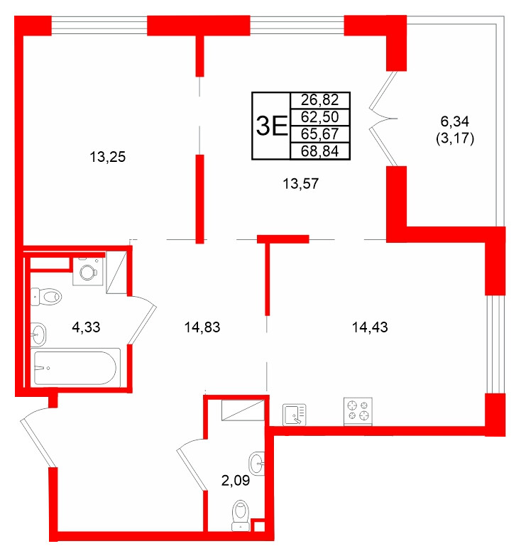 Квартира в ЖК Образцовый квартал, 2 комнатная, 65.67 м², 4 этаж