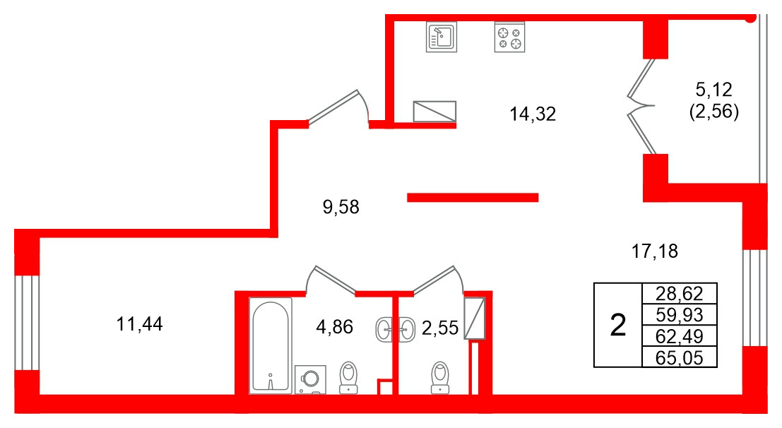 Квартира в ЖК Образцовый квартал, 2 комнатная, 62.49 м², 2 этаж