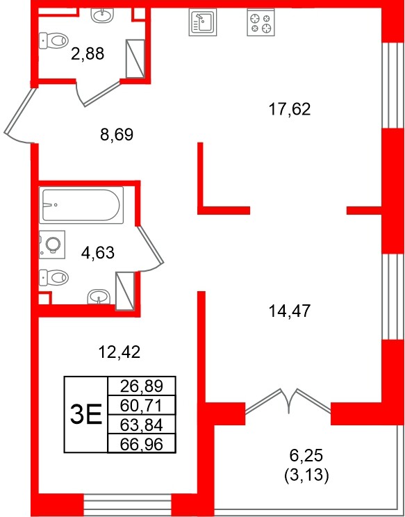 Квартира в ЖК Образцовый квартал, 2 комнатная, 63.84 м², 4 этаж