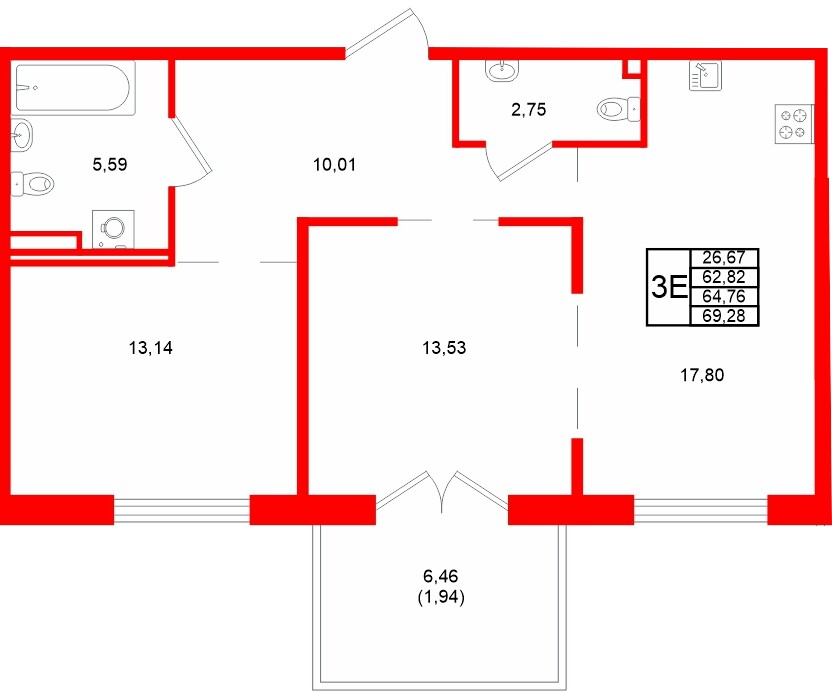 Квартира в ЖК Образцовый квартал, 2 комнатная, 64.76 м², 1 этаж