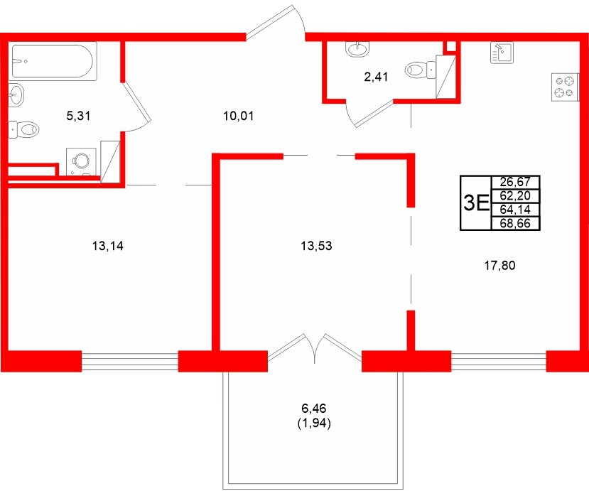 Квартира в ЖК Образцовый квартал, 2 комнатная, 64.14 м², 2 этаж