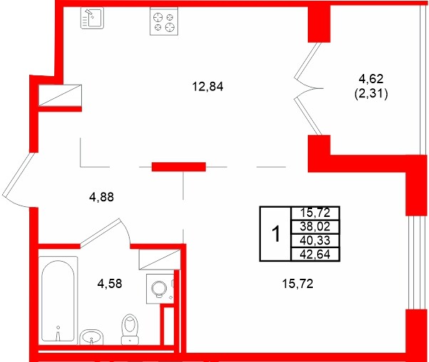 Квартира в ЖК Образцовый квартал, 1 комнатная, 40.33 м², 2 этаж