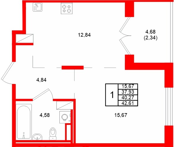 Квартира в ЖК Образцовый квартал, 1 комнатная, 40.27 м², 4 этаж