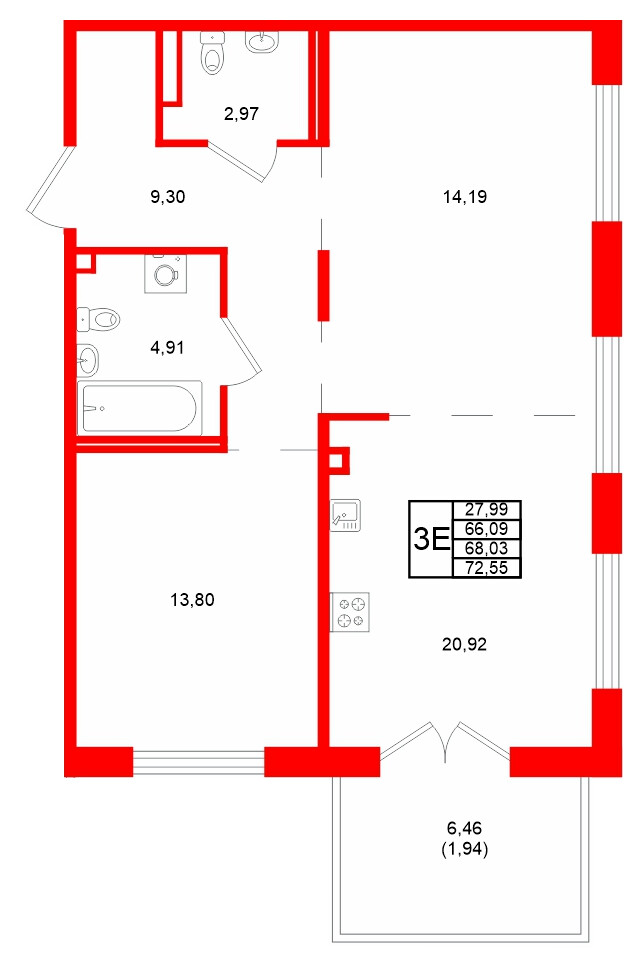 Квартира в ЖК Образцовый квартал, 2 комнатная, 68.03 м², 1 этаж