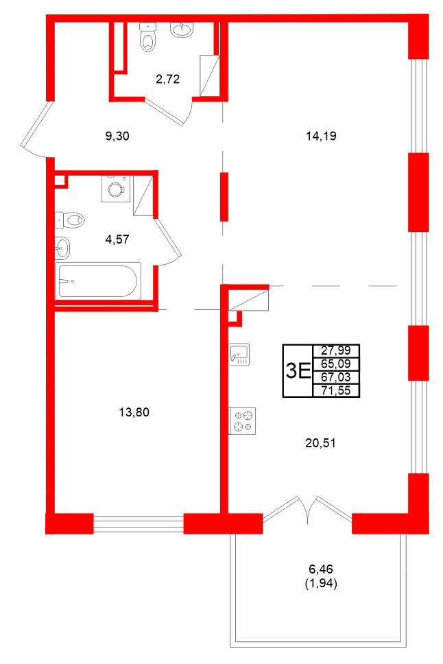 Квартира в ЖК Образцовый квартал, 2 комнатная, 67.03 м², 2 этаж