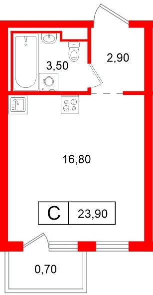Планировка — Студия квартира, 23,9 м² в ЖК «Витебский парк»