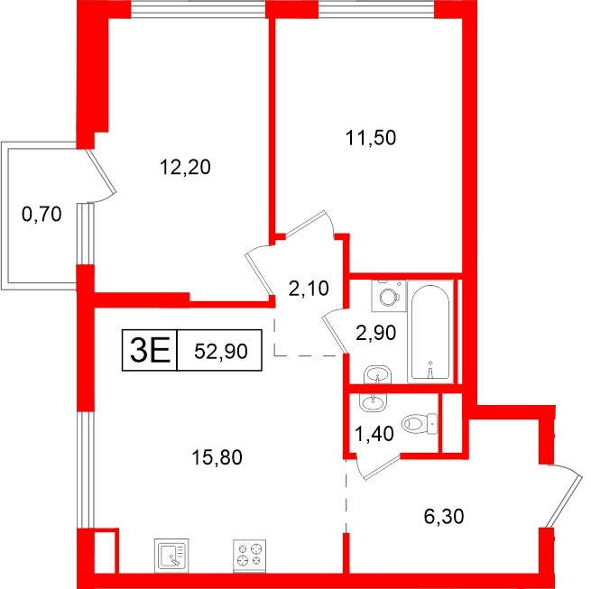 Квартира в ЖК Витебский парк, 2 комнатная, 52.9 м², 5 этаж